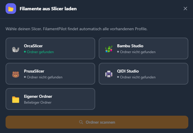 FilamentPilot Slicer-Hub — Slicer starten und Profile synchronisieren
